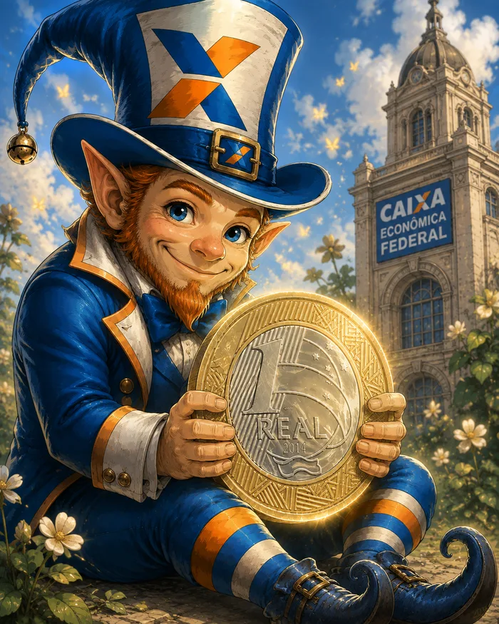 O mesmo duende, agora à luz do dia, sentado no mato e sorrindo, com o prédio da Caixa Econômica Federal ao fundo.